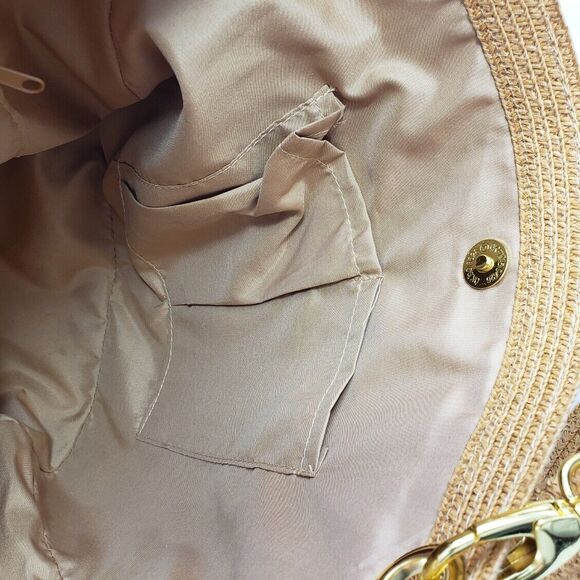 Woven Paper Straw w Metal Trim Purse Tote Beach Bag Green Pink Tan Footed Lined - Picture 9 of 11